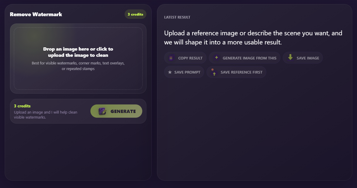 Upload an image, then click Generate to remove the watermark